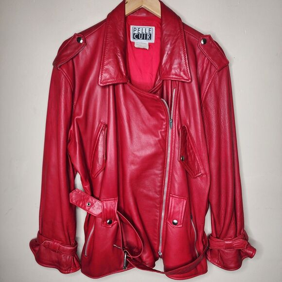 Vintage Pelle Red Leather Jacket Womens M Belted Asymmetric Y2K Retro Statement